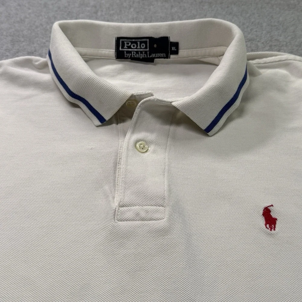 Y2K Polo by Ralph Lauren Colorblock Polo Shirt XL Cream‎ Navy Stripe Vintage